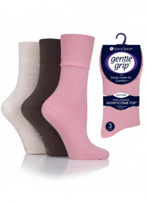 3 pair pack Gentle Grip Socks in Coral, Coffee, Sand